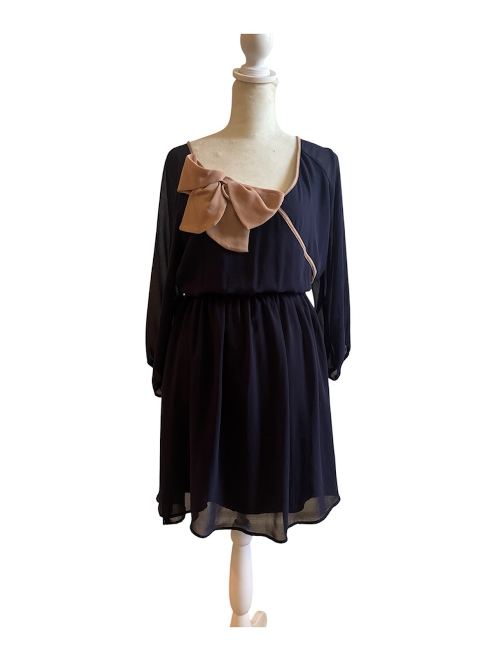 Navy Chiffon Dress with Taupe Bow Accent Size L